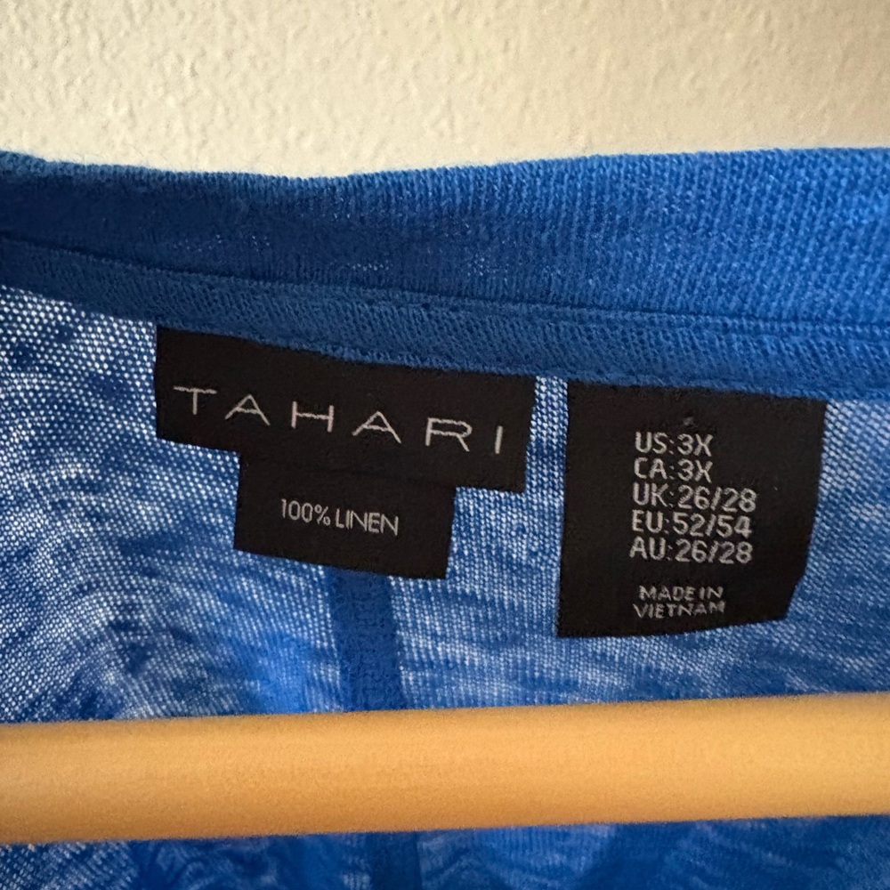 Tahari 100% Linen Top Women's 3X Blue V Neck Short Sleeve Plus Size - Picture 4 of 6